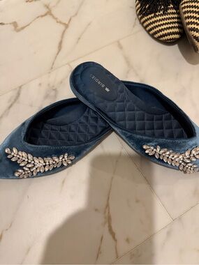 Birdies Navy Velvet Jeweled Slip-On Mules